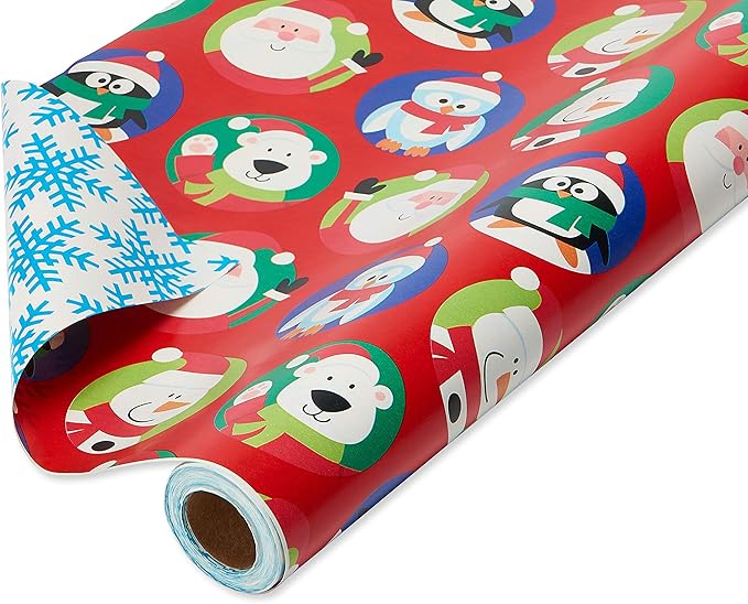 American Greetings Jumbo Kids Christmas Reversible Wrapping Paper Roll, Red and Blue Holiday Gift Wrap (175 sq. ft., 1 Extra Large Roll-30 in. x 70 ft.) Penguins, Polar Bears, Santa, Snowflakes