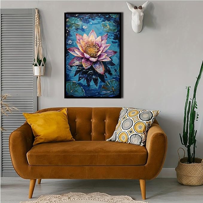 Gorgeous pink and purple water lilies on deep blue water Eye-catching oil painting Serene aquatic wall art for modern home decor 20x30in Metal blackFramed