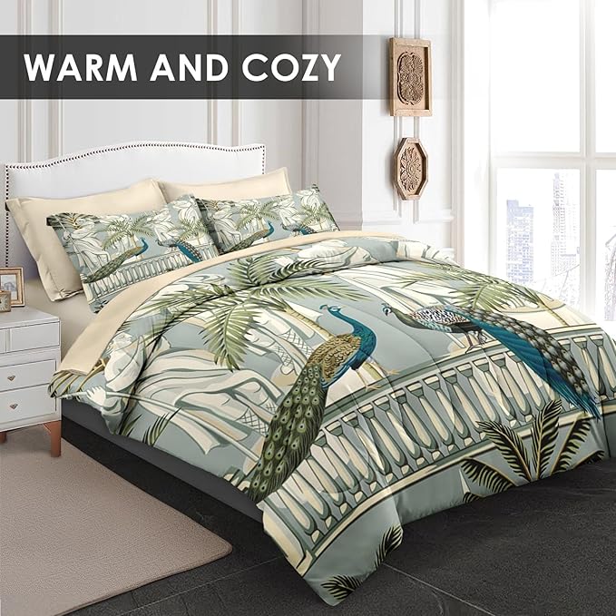 Comforter Set Queen Size, Peacock Bird Animal 7 Pcs Bedding for Kids and Adults, Floral Botanical Grey Green Bed Sheet Sets with Fitted Sheet 2 Pillowcase & 2 Sham for Bedroom Bed Decor