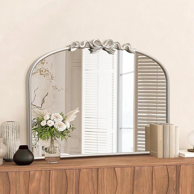 Besdomus Antique Arch Large Mirror: 32"x24" Champagne Silver Bow Antique Wall Mounted Mirror - Baroque Traditional Ornate for Living Room/Fireplace/Bathroom- Home Decor for Homeowners