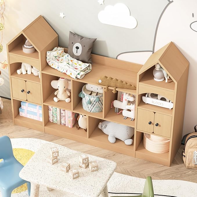 Castle Shape Children's Bookshelf, Kids Bookcase Display Case Kids Toy Storage Organizer Multifunctional Storage Cabinet Bookshelf Suitable for Playroom, Children's Room, Living Room, Oak