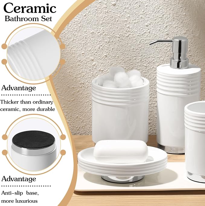 RQYIXI Bathroom Accessories Set 4 Pieces Ceramic Bathroom Accessory with Metal Base Set Contain Soap Dispenser Cotton Swab Jar Toothbrush Cup Soap Dish