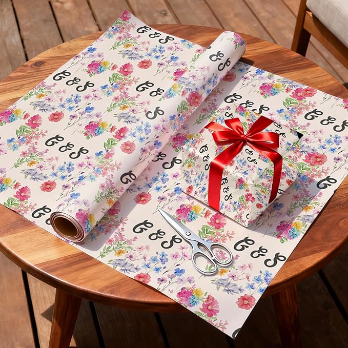 Fosteonix Custom Floral Initials Gift Wrapping Paper, Ideal for Couples Women Men, Personalized Funny Wrapping Paper for Christmas Birthday Wedding Party 58" x 23" Gift Wrap Roll