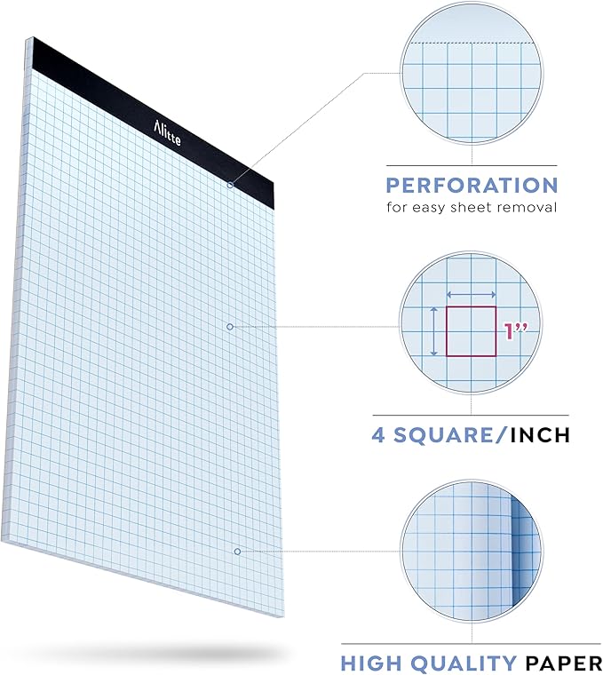 Alitte Graph Paper Pad, Pack of 3, White Letter Size - 4x4 Quad Grid Paper, With Blue Lines - Easy-Tear Perforations, 11x8.5 Cardboard Backing - Graph Notepads for School, Office -50 Sheets per Pad