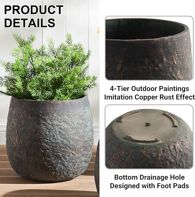 Wallowa 17.3"+12.9"+9.0" Dia Weathered Concrete Flower Pots, Modern Round Style Concrete Planter for Home, Garden, Patio, Courtyard, Bronze Rust Color, Set of 3