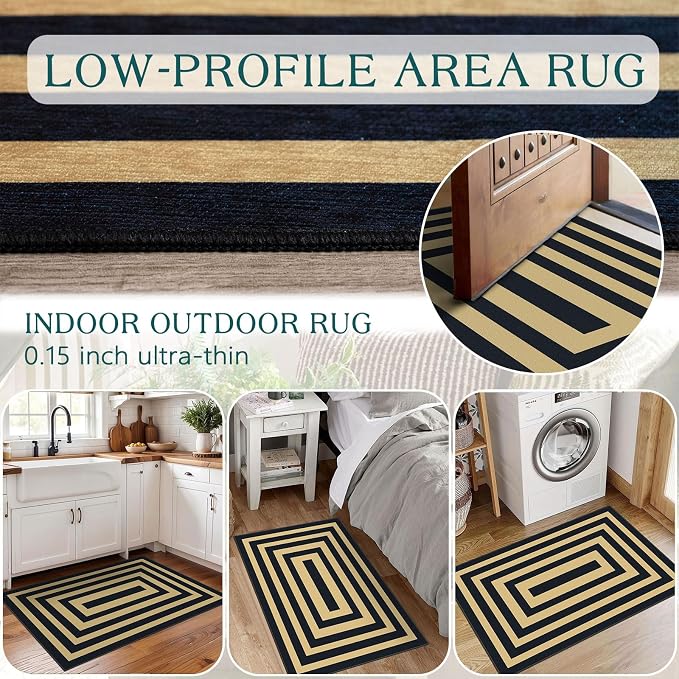 Front Door Mat Outside Entrance - 2x3 Modern Non-Slip Washable Doormat Indoor Outdoor Entrance Black Tan Geometric Bordered Rug Small Throw Rugs for Entryway Bedroom Kitchen Front Porch Decor