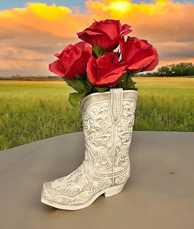 Cowgirl Boot Flower Vase – 9” Tall Antique White Finish with Intricate Tooled Leather Detailing - Decorative Western Cowboy Modern Rustic Decor