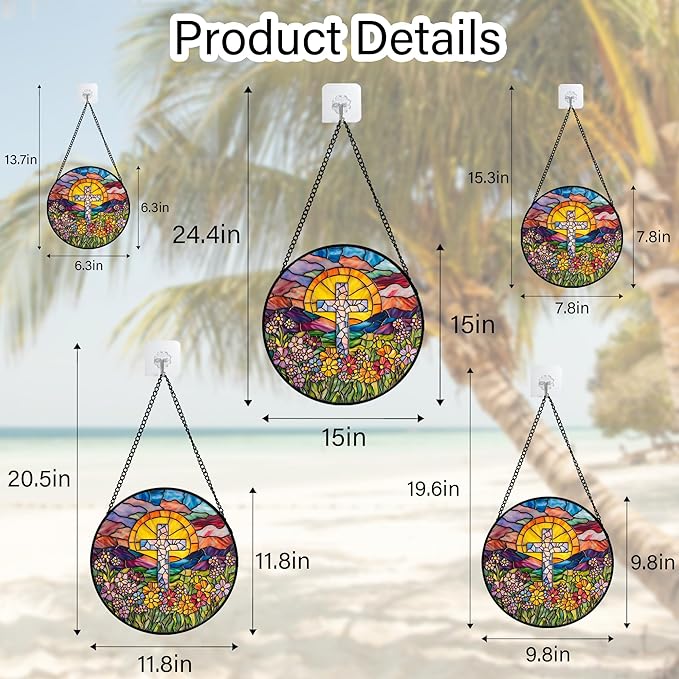 Stained Glass Window Hanging - Cross Flower Sea Sun Catcher for Door Terrace Garden Home Decor, Mountains Landscape Suncatcher Birthday Gifts for Lovers Women Men Dad Mom Nana 7.8 in