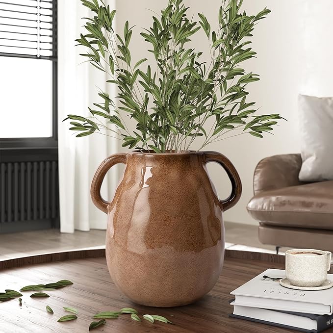 Antique Brown Ceramic Vase with Handles, Rustic Farmhouse Decor, 7 Inch Glazed Pottery Flower Vases for Home Decor, Handmade Decorative Vase for Flowers, Bouquet, Table, Kitchen, Living Room