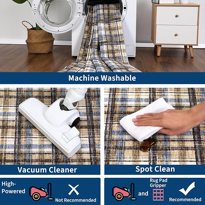 Washable Rugs 2x8 Runner Rug Modern Plaid Bathroom Rugs Non Slip Kitchen Runner Low Pile Entryway Rug Soft Runners Stain Resistant Carpet for Laundry Hallway Bedside 2'x8' Blue&Camel