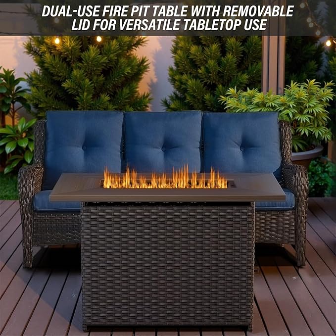 Belord 50000 BTU Propane Fire Pit Table with Lid and Lava Rock, 41 inch Rectangular Outdoor Firepit Wicker Furniture, Fireplace Table Perfect for Relaxed Outside Patio Backyard Ambiance, Brown
