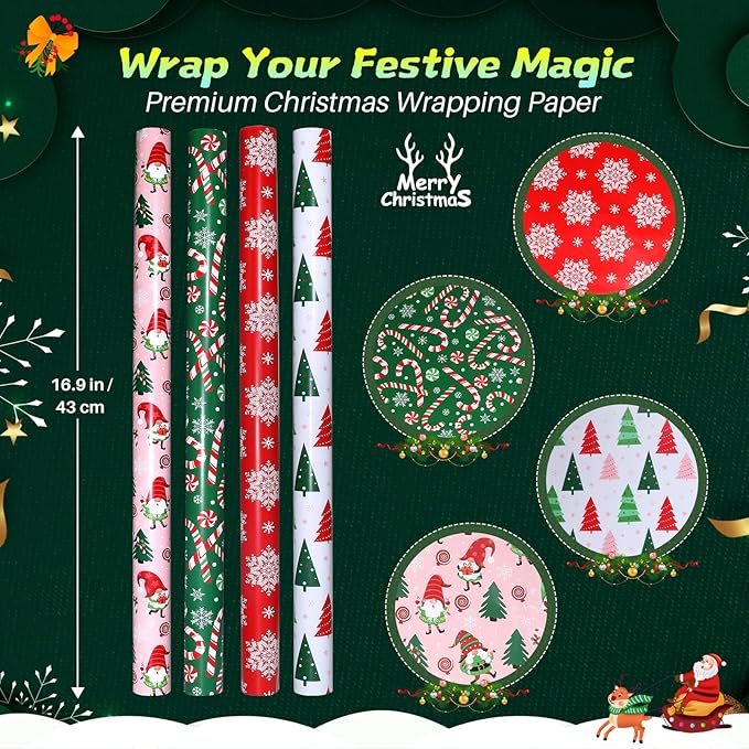 Panigkids Christmas Wrapping Paper 4 Rolls with Santa Claus, Snowflakes, Candy, Pine Designs, for Men Women Kids, 16.9 In x 16.4 Feet, for Christmas, Holiday, Party Celebration