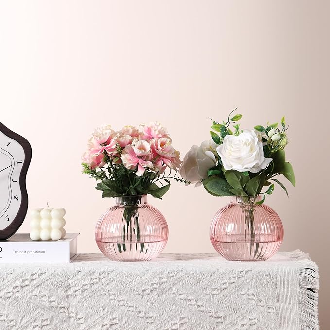 Round Glass Vases, Set of 2 Small Vases for Flowers, Pink Glass Vase for Tulips, Modern Vase for Living Room, Office, Coffee Table, Shelf, Wedding, 5 Inches
