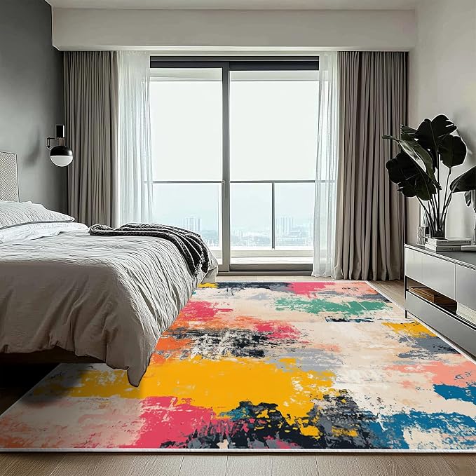 6x9 Colorful Area Rug Modern Abstract Beige Orange Yellow Pink Blue Black White Grey Rug Bedroom Low Pile Thin Large Carpet Living Room Non Slip Dining Room Stain Resistant Office Washable Machine