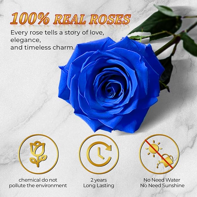 Forever Blue Roses in a Box Heart Shaped 16 Preserved Flowers for Delivery Grade A Quality 100% Real Immortal Flower Eternal Birthday for Her Mom Women Wife Girlfriends (Heart-Blue)