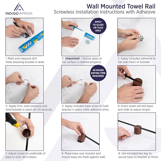 Towel Bar for Bathroom Wall, Towel Holder 20 Inch, Black Aluminium, No Drill Adhesive or Screw Mount, Modern Minimalist Towel Rack, Kitchen & Bathroom, Wall Mounted
