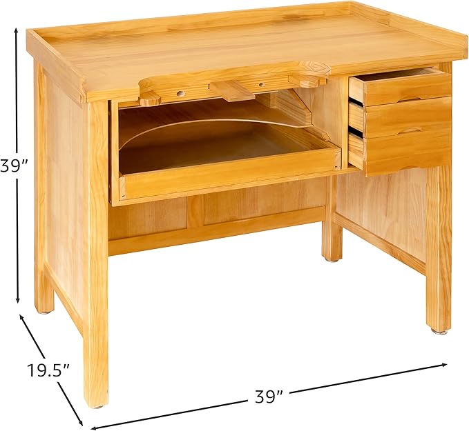 Noble Fine Wood Jewelers Bench - Solid Wooden Workbench Station with Utility Storage Drawers for Jewelry Making