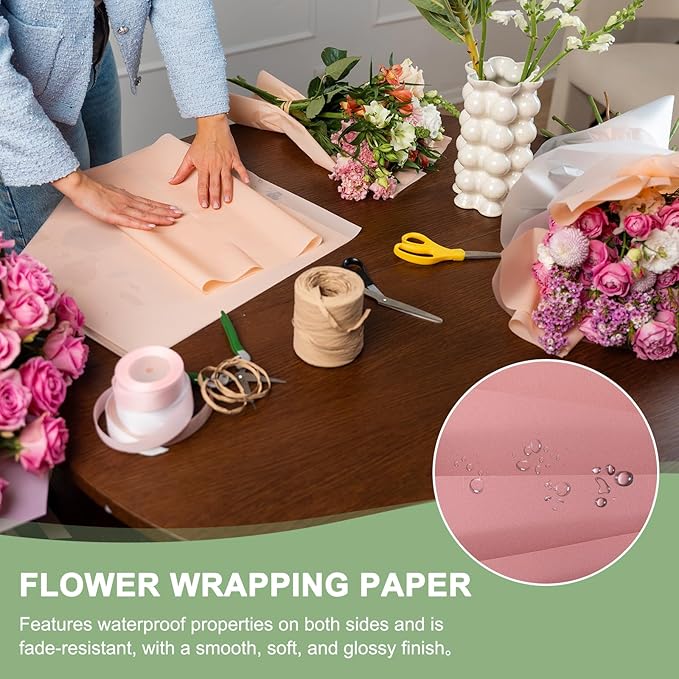 PATIKIL Flower Gift Wrapping Paper, 20 Sheets Double Sided Waterproof Bouquet Paper Wrap Florist Packaging Floral Papers for Wedding DIY Craft Valentine Mother's Day, Dark Pink