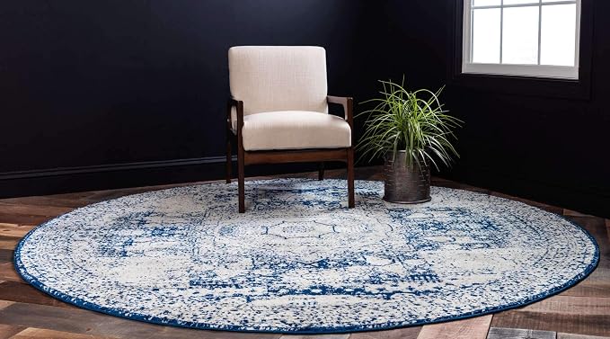 Unique Loom Bromley Collection Area Rug - Wells (5' 1" Round, Ivory and Blue/ Ivory)