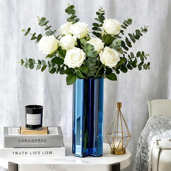 SHYFOY Blue Mirrored Vase - 12 Inch Tall Cross-Shaped Decorative Glass Flower Vases for Home Decor, Living Room Table Kitchen Fireplace Decor - Can’t Hold Water