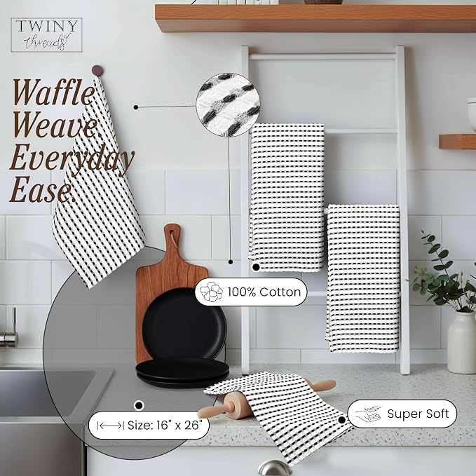 TWINY threads Waffle Kitchen Towels Set of 4, Large 16x26 Inches, 100% Cotton Absorbent Dish Cloths, Fast Dry & Machine Washable Waffle Weave Towel for Cooking, Baking & Cleaning, Black and White