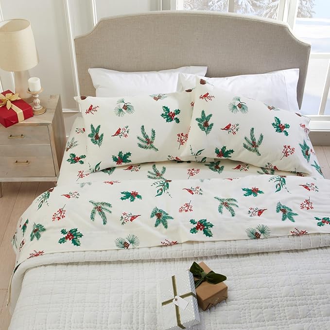 Market & Place 100% Cotton Twin Flannel Sheet Set | 3 Piece Deep Pocket Novelty Cozy Winter Bed Sheets | Double Brushed for Extra Softness & Comfort | Alpine Collection (Twin, Cardinal & Pine)