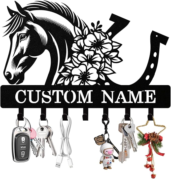 Syneiro Personalized Horse Key Holder Wall Mount, Custom Metal Keys Holder for Wall with Name, Wall Home Key Hanger Rack with Hooks for Entryway, Front Door, Living Room, Kitchen, Bathroom, Garden