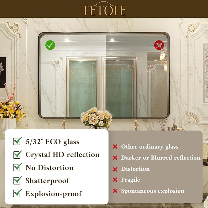 TETOTE 48 x 36 White Mirror for Bathroom Metal Frame Wall Mounted Rectangle Mirror for Vanity with Sandy Textured Surface(Horizontal/Vertical)