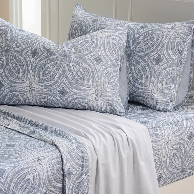 Zusbest California King Sheets 100% Percale Cotton Grey Bed Sheet Set, Brushed Extra Softness, Breathable Luxury Flannel Like Sheets Modern Classic Navy Printed Deep Pocket Bed Set 17.5'' 4 Pcs