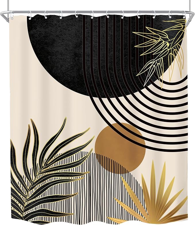 KOMLLEX Mid Century Black Gold Boho Shower Curtain 60Wx72L Inches Abstract Modern Green Shower Curtains for Bathroom Plant Botanical Minimalist Arch Sun Fabric Liner Waterproof Polyester 12 Pack Hooks