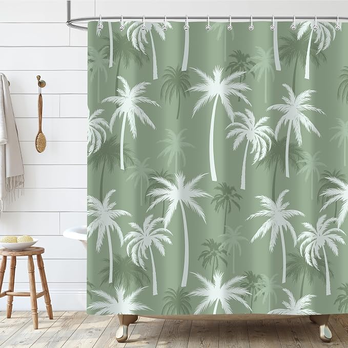 Tropical Palm Tree Shower Curtain, Summer Hawaii Coconut Tree Sage Green Bathroom Curtain Decor, Polyester Waterproof Bath Curtian Accessory Set 12 Hooks 72x72 inch