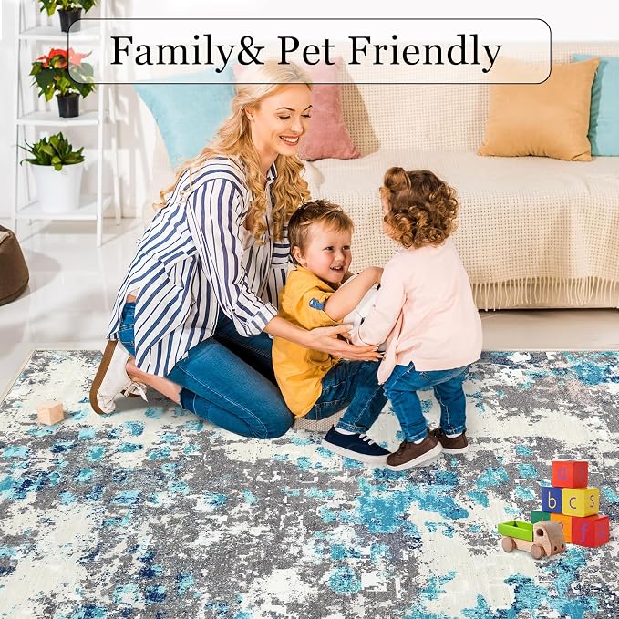 GAOMON Washable 2x6 Rugs Modern Abstract Colorful Carpet Runner Non Slip Hallway Rug Low Pile Boho Chic Watercolor Design Long Rug for Bedroom Kitchen, Blue/Grey