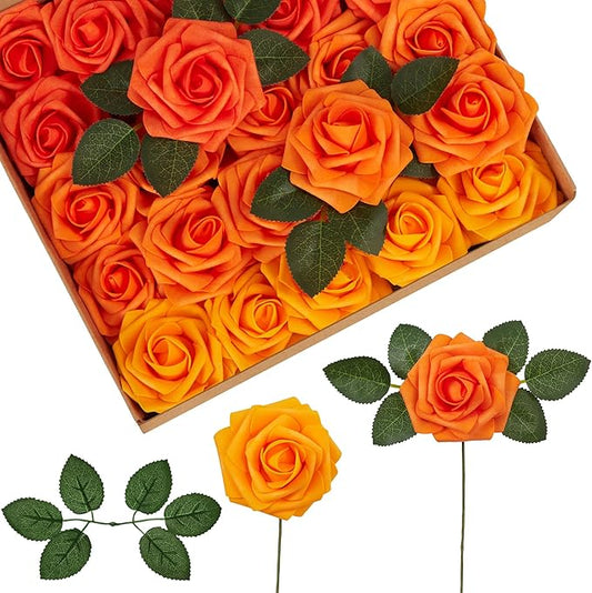 InnoGear Artificial Flowers, 100 Pcs Shades of Orange Rose Foam Fake Roses Bulk with Stems for Autumn Fall Decoration DIY Wedding Bouquets Centerpieces Bridal Shower Party Christmas Tree