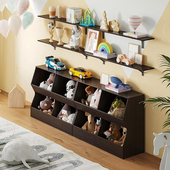DINZI LVJ Kids Bookshelf, Toy Storage Organizer, Wooden Toy Storage Cabinet, 4 Cubby Children Bookcase, 43.3" L Toddler Book Shelf for Bedroom, Nursery, Hallway, School, Espresso