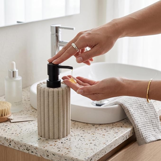 Soap Dispensers 350mL 11.84 OZ, 2 PCS Luxurious Hand Dish Lotion Shampoo Soap Dispenser Jar, Natural Stone Look Soap Pump Bottles for Kitchen Bathroom Countertop (Beige)