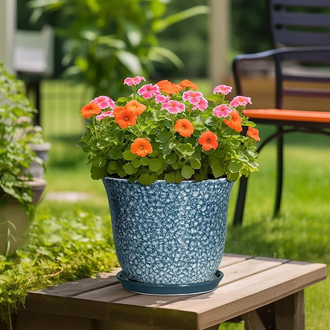 Ceramic Plant Pots - 12 Inch Pots for Plants Indoor Outdoor, Large Round Planter with Drainage Hole and Saucer, Modern Decorative Planters, Garden House Decor, House Warming Gifts, Blue
