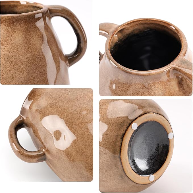 Antique Brown Ceramic Vase with Handles, Rustic Farmhouse Decor, 7 Inch Glazed Pottery Flower Vases for Home Decor, Handmade Decorative Vase for Flowers, Bouquet, Table, Kitchen, Living Room
