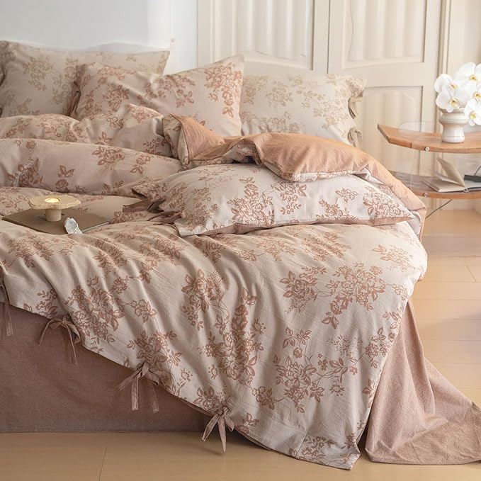 VM VOUGEMARKET Monet Flower Duvet Cover King 3 Pieces Retro Jacquard Floral Bedding Set,Linen Cotton Yarn-Dyed Textured Comforter Cover with Bowknot-104 x90,Pumpkin
