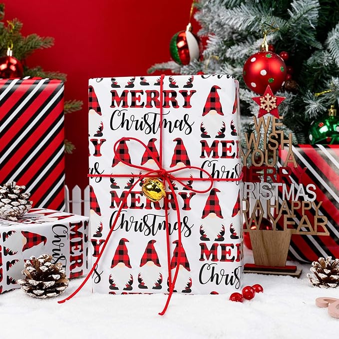 MAYPLUSS Christmas Wrapping Paper Roll, 17 Inch X 16.5 Feet Gift Wrapping Paper Featuring Gnome Merry Christmas Reversible Strip, Thick Wrap Paper for Holiday Party New Year Kids