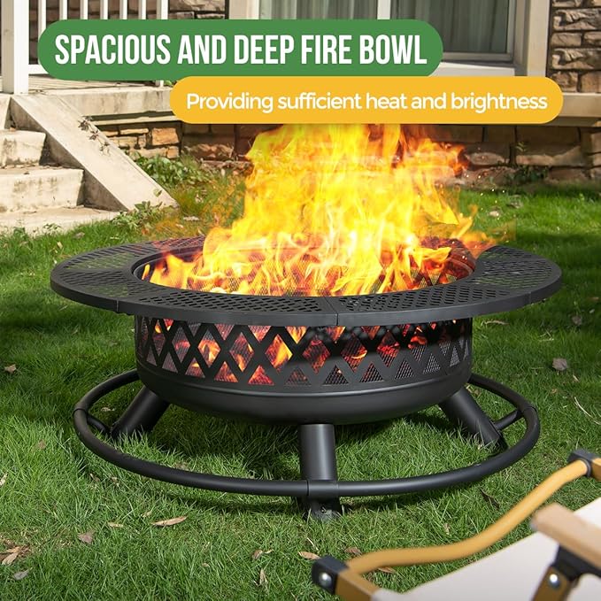 Panovue 36 Inch Fire Pit with Grill,Wood Burning Fire Pits for Outside with Lid& Fire Poker,Round Metal Firepit Table 3 in 1 with Cooking Grate,Outdoor Firepits for Yard Patio Bonfire Camping(Black)