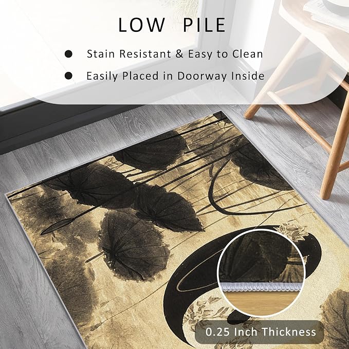 Yin Yang Lotus Leaf Runner Rug 2x7, Asian Yoga Design, Zen Spiritual Meditation Area Rug Washable Hallway Rugs Non-Slip Floor Carpet Runner for Bedroom, Narrow Hallway, Kitchen Aisle