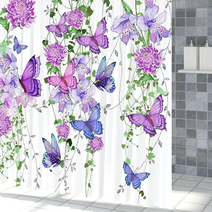 Violet Butterfly Floral Shower Curtain Spring Lavender Shower Curtain Lilac Pink Floral Bathroom Decor Waterproof Polyester Fabric with 12 Hooks,66x72 Inches