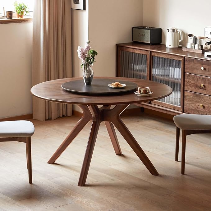 YESWOOD 43.3’’ Round Black Walnut Dining Table for 4-6, Solid Wood Kitchen Table with Intersecting Pedestal Base, Farmhouse Circle Table for Dining Room, Living Room