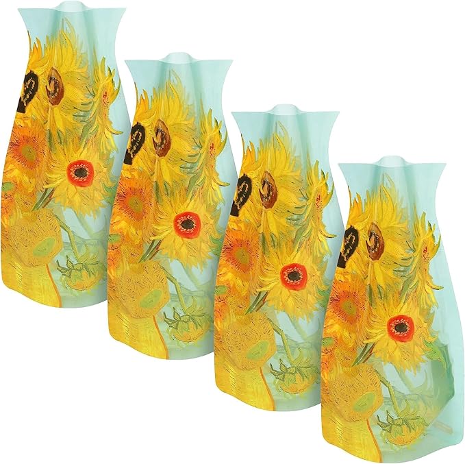 MODGY Expandable Flower Vase, Plastic Decorative Modern Foldable Printed Vases for Centerpieces for Wedding, Dining Table, Home Decor, Living Room, Bathroom, Office, Sunflowers, 4 Pack