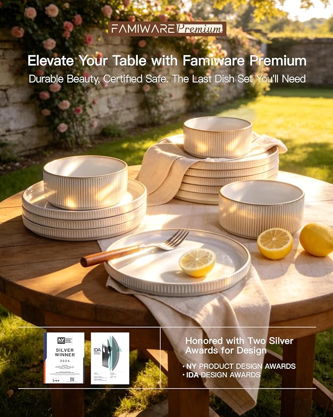 Stoneware Plates and Bowls Dishes Sets for 6 (18-Piece), Famiware Premium Handcrafted Reactive Glaze Dinnerware Set with Raised Rim, Scratch Resistant, Microwave Dishwasher Safe, Cappuccino White