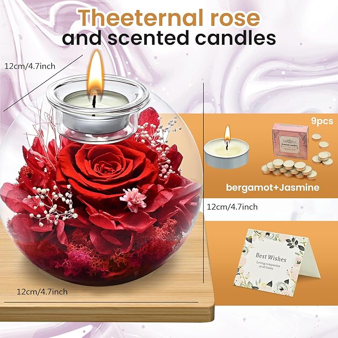 Birthday Gifts for Women,Eternal Preserved Real Rose with Scented Candle(Vinilla9Pcs+Rose9Pcs),Preserved Rose in Glass Dome, Christmas Valentine Mothers Day Gifts for Her Mom Girlfriend,Home Decor