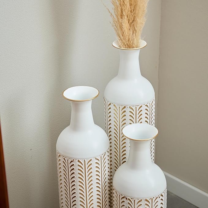 Metal Floor Vases Decorative, Set of 3 Flower Arrangement Stand, Tall Gold＆White Metal Floor Vases for Living Room, Bedroom & Entryway, 33.4", 28.74", 24.1" H (White＆Gold)