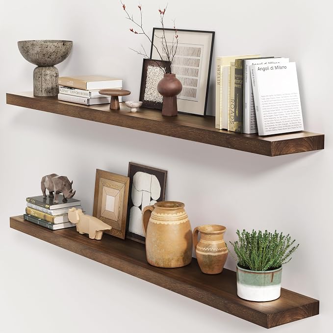fuqing Rustic Floating Shelves, 48 Inch Floating Shelf Set of 2, Solid Wood Wall Mounted Shelves Dark Wood Shelves for Bedroom Bathroom Living Room - Dark Walnut
