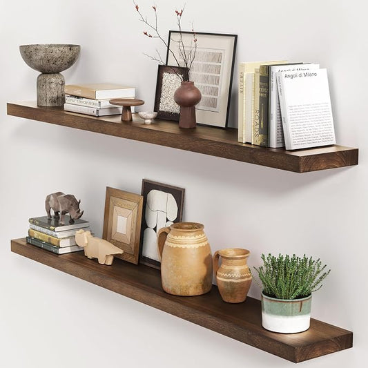 fuqing Rustic Floating Shelves, 48 Inch Floating Shelf Set of 2, Solid Wood Wall Mounted Shelves Dark Wood Shelves for Bedroom Bathroom Living Room - Dark Walnut