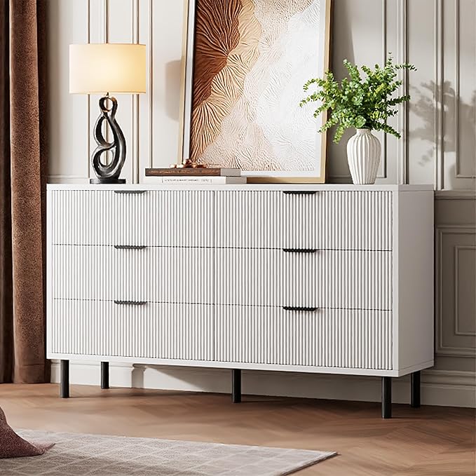 GarveeHome White Fluted 6 Drawer Dresser, Wide Wood Double Dresser with Metal Legs and Handles, Modern Chest of Drawers with Anti-Tipping Design for Bedroom Living Room, Hallway